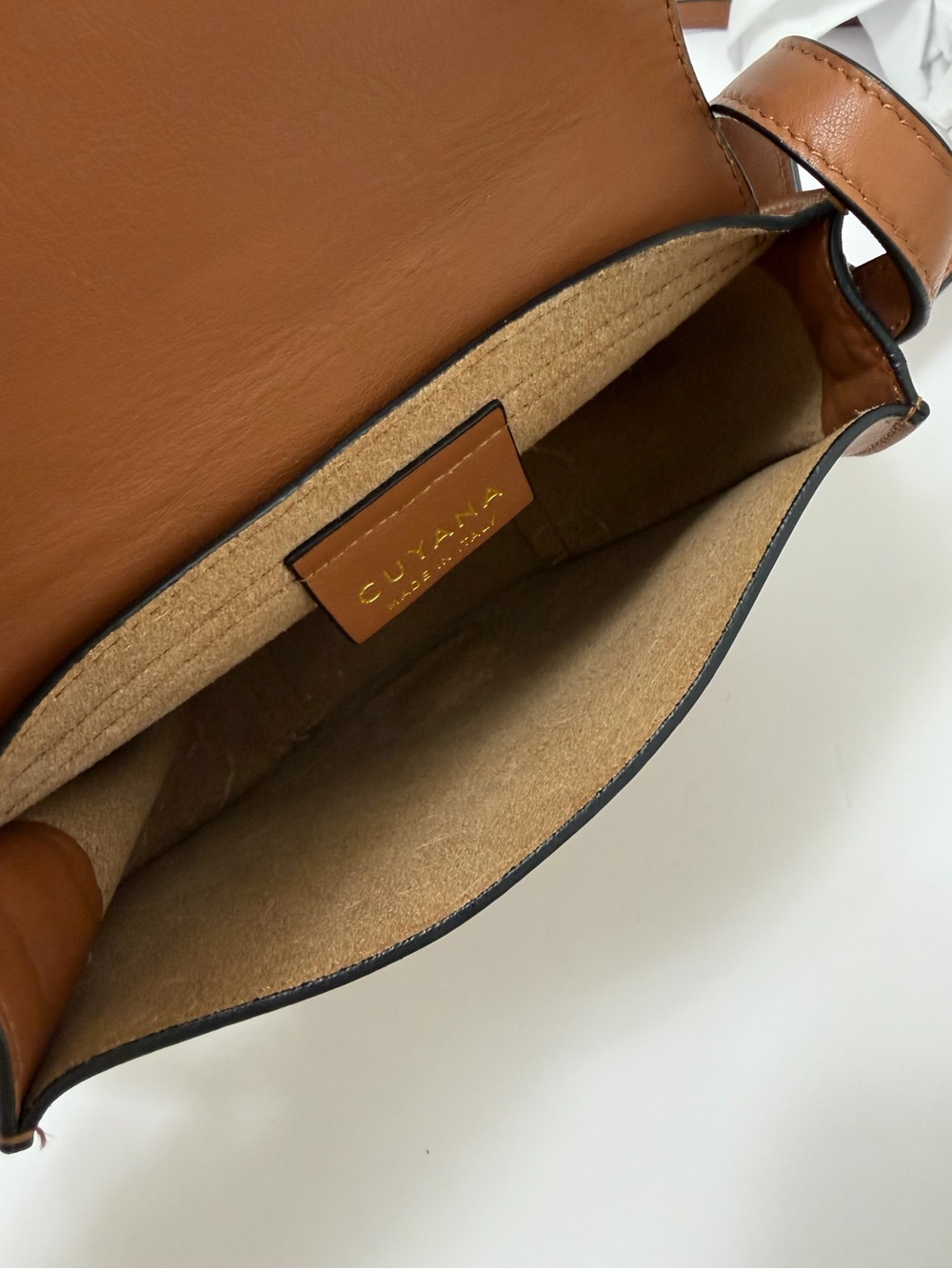 Cuyana Mini Saddle Leather Crossbody Bag in Caramel - Picture 14 of 16